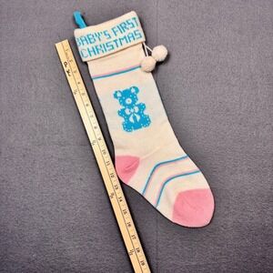Vtg Babys First Christmas Knit Stocking Bear Unisex Boy Girl Blue Pink White